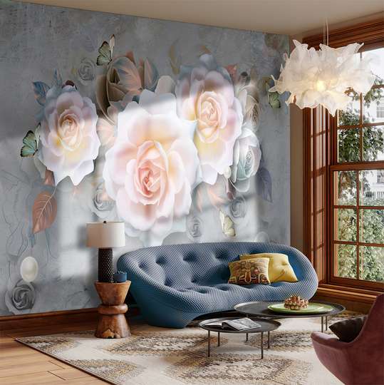 Wall Mural - White roses with butterflies on a gray background