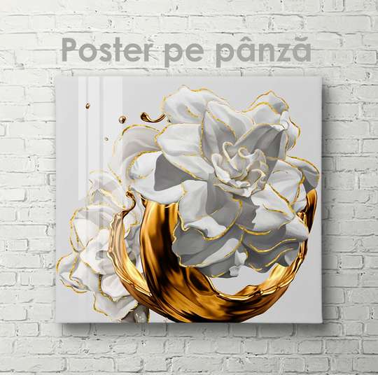 Постер, Белый цветок с жидким золотом, 40 x 40 см, Холст на подрамнике