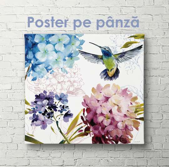 Постер - Колибри в цветах, 40 x 40 см, Холст на подрамнике, Ботаника