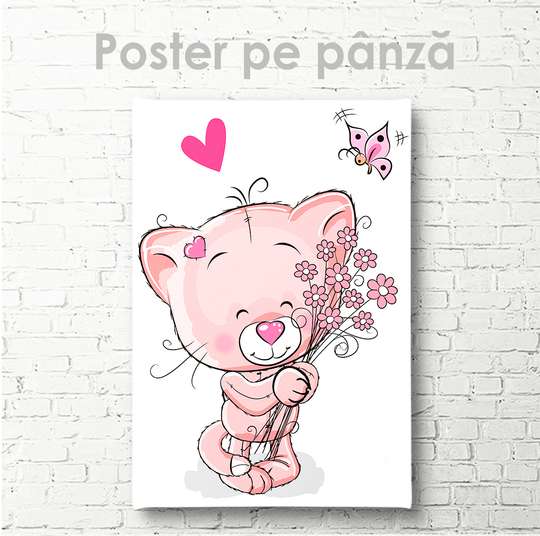 Постер - Кошечка с букетом цветов, 30 x 45 см, Холст на подрамнике, Для Детей