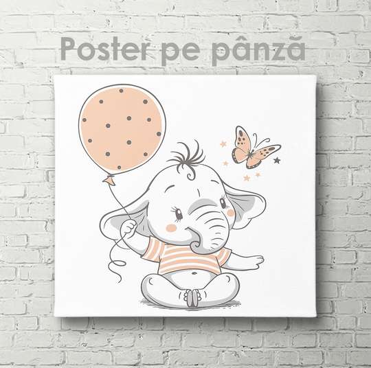 Poster - Baby elephant with a butterfly and a balloon, 40 x 40 см, Canvas on frame, For Kids