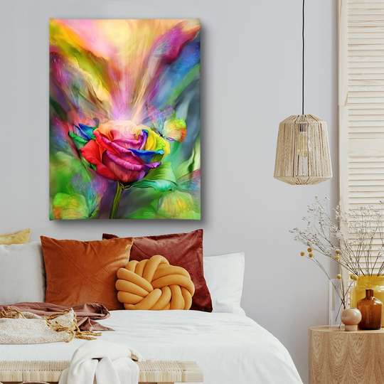Poster - Trandafir multicolor cu un fluture, 30 x 45 см, Panza pe cadru, Flori