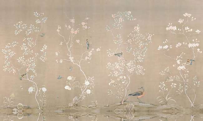 Wall Mural - Delicate landscape with flowers and birds