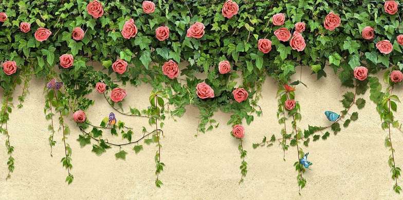 Wall Mural - Pale red roses and blue butterflies