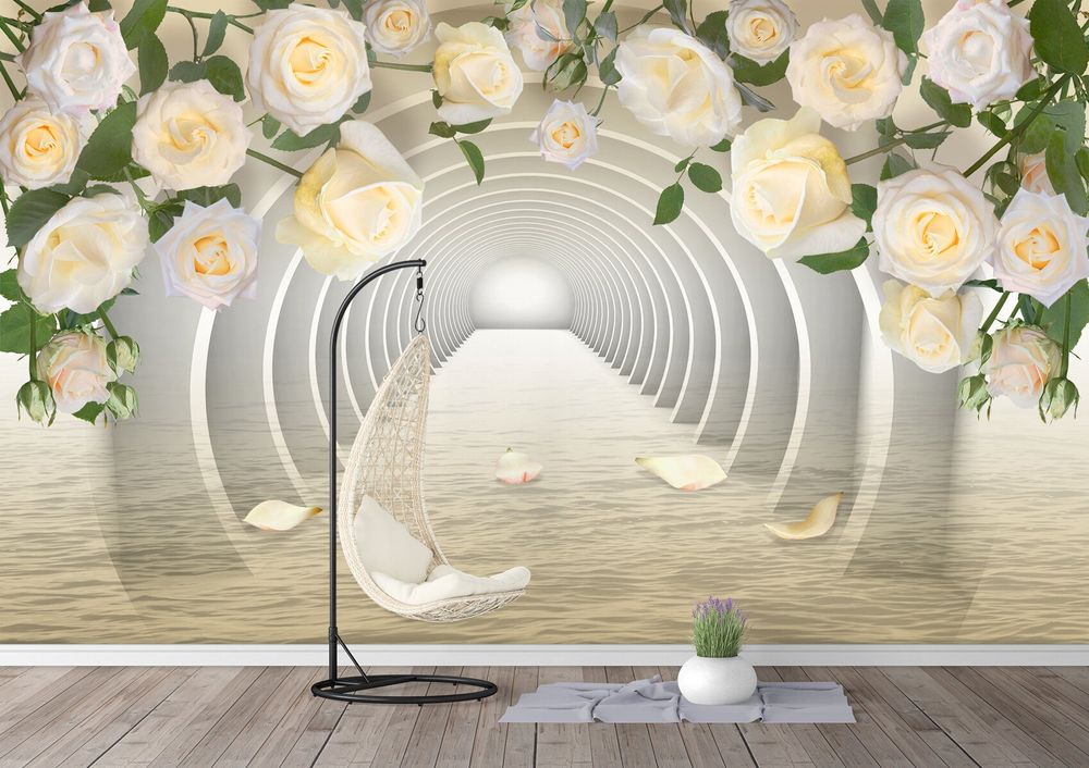 3D Tunnel and cream roses wall mural