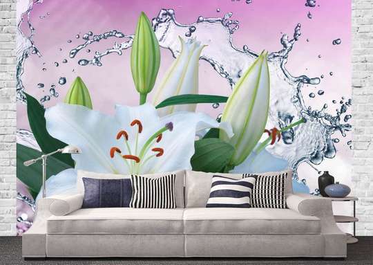Wall Mural - White lilies and splashes of water