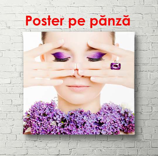 Poster - Fată cu machiaj violet aprins, 40 x 40 см, Panza pe cadru