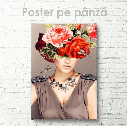 Poster - Fată cu flori, 30 x 45 см, Panza pe cadru, Fantezie