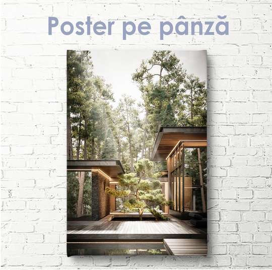 Постер - Современный дом в лесу, 30 x 60 см, Холст на подрамнике, Природа