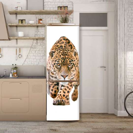 3Д наклейка на дверь, Леопард на белом фоне, 60 x 90cm, Наклейка на Дверь