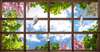 Wall Mural - Wooden frame overlooking the blue sky with flowers