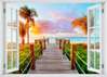 Stickere pentru pereți - Fereastra cu vedere spre o plajă cu palmieri la apus de soare, 130 х 85