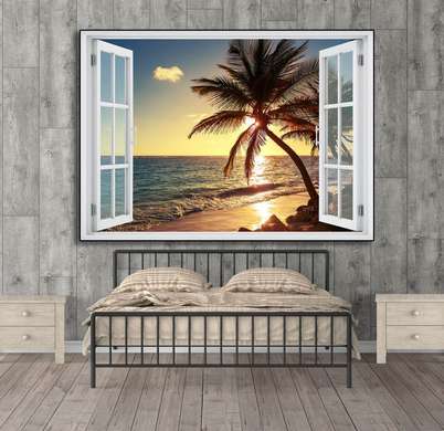 Stickere pentru pereți - Fereastra cu vedere spre plajă la apus de soare, 130 х 85