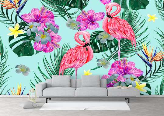 Wall Mural - Pink flamingo on a blue background