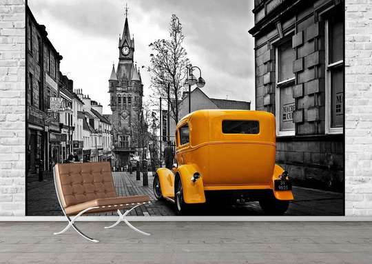 Фотообои - Черно белый город и желтый старинный автомобиль.