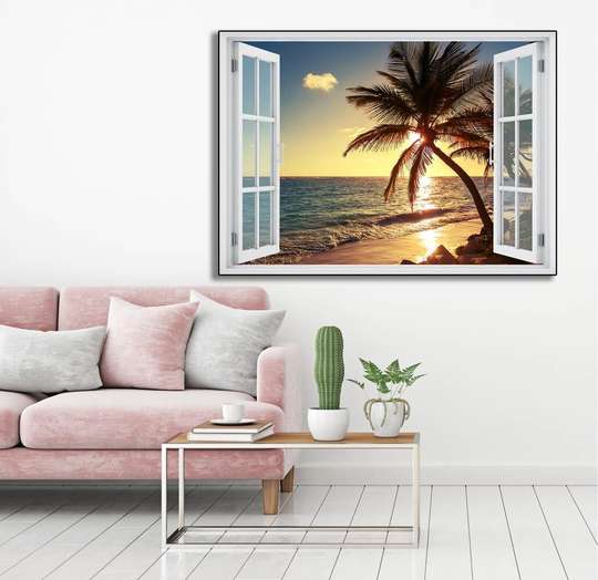 Stickere pentru pereți - Fereastra cu vedere spre plajă la apus de soare, 130 х 85