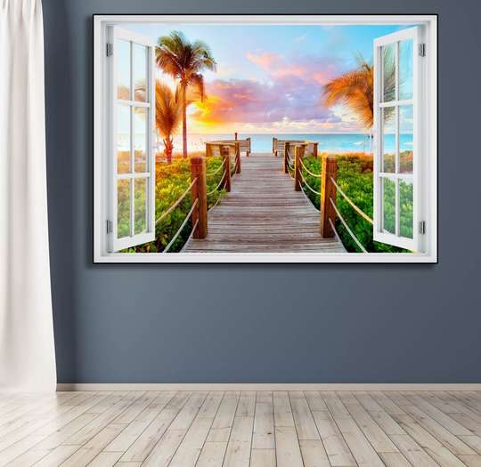 Stickere pentru pereți - Fereastra cu vedere spre o plajă cu palmieri la apus de soare, 130 х 85