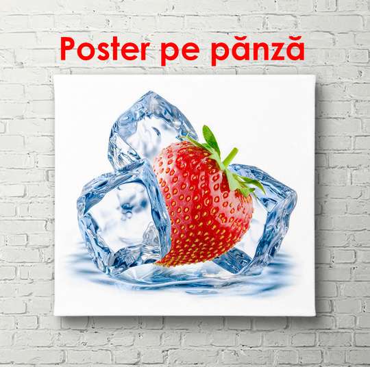 Poster - Strawberries with ice cubes on a white background, 100 x 100 см, Framed poster, Food and Drinks
