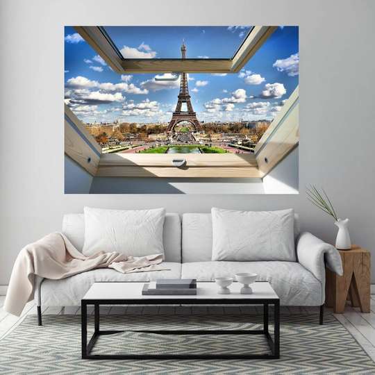 Wall Sticker - 3D window with a view of the Eiffel Tower