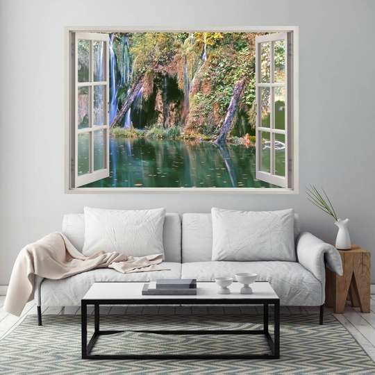 Wall Sticker - 3D window with a view of the cascade in the forest