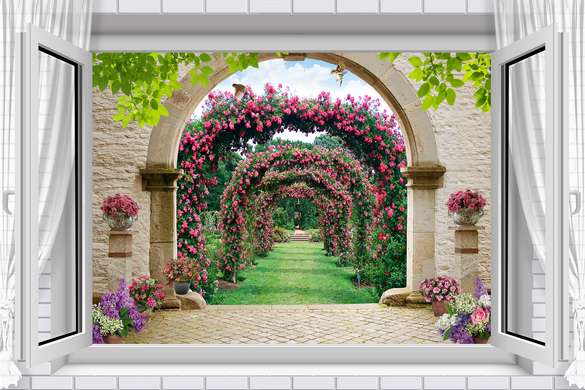 Wall Mural - White window with a curtain overlooking the arched park