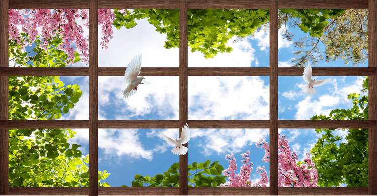 Fototapet - Cadrul din lemn cu vedere la cerul albastru cu flori