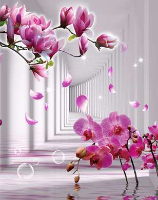 Fototapet 3D - Ramură roz de magnolie și orhidee