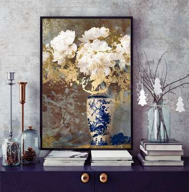 Poster - Bujori albi în vază albastră, 30 x 45 см, Panza pe cadru