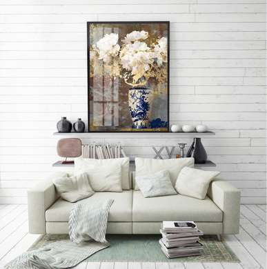 Poster - Bujori albi în vază albastră, 30 x 45 см, Panza pe cadru