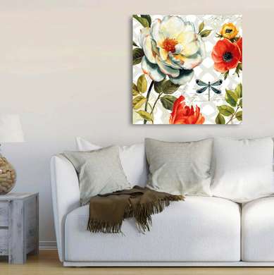 Poster - Compoziție strălucitoare de flori și fluturi, 40 x 40 см, Panza pe cadru