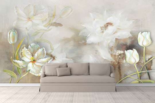 Wall Mural - Abstract white flowers on a gray background.