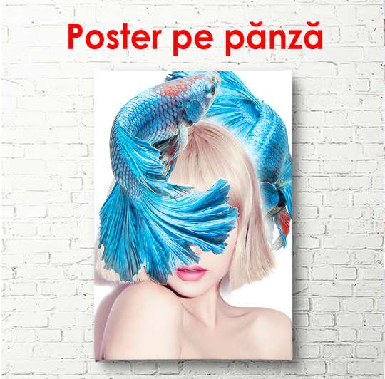 Poster - Girl with blue fish on her head, 60 x 90 см, Framed poster, Minimalism