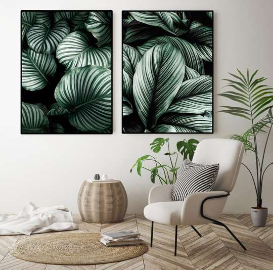 Постер - Зеленые листья, 60 x 90 см, Постер на Стекле в раме, Наборы