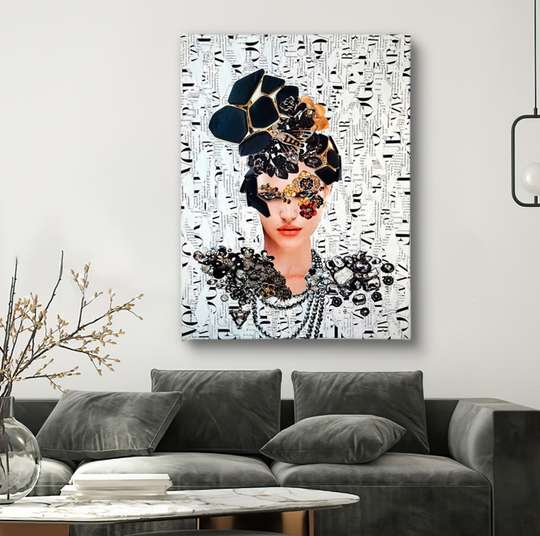 Poster - Fată glamour cu coafură cu pietre negre, 30 x 45 см, Panza pe cadru, Glamour