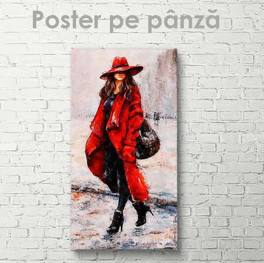 Постер - Девушка в красном пальто, 30 x 60 см, Холст на подрамнике, Гламур