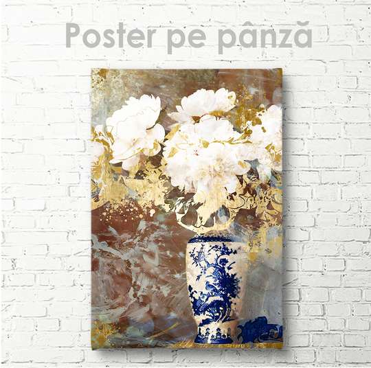 Poster - White peonies in a blue vase, 30 x 45 см, Canvas on frame