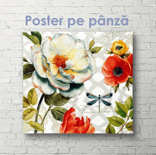 Постер, Яркая композиция цветка и бабочки, 40 x 40 см, Холст на подрамнике