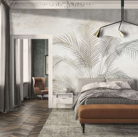 Wall Mural - Delicate palm leaves on a gray background