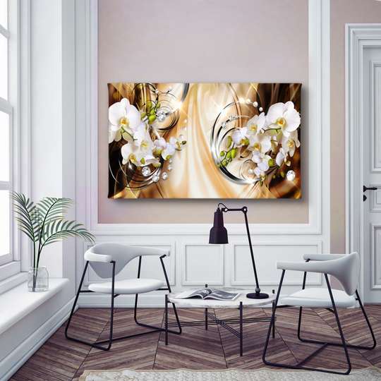 Poster - Orchids on an orange background, 90 x 30 см, Canvas on frame, Flowers