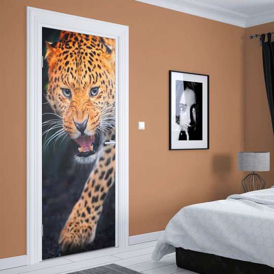 3Д наклейка на дверь, Леопард разозлился, 60 x 90cm, Наклейка на Дверь