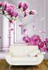 3D Wallpaper - Pink branch of magnolia and orchids against the background of a white corridor