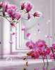 3D Wallpaper - Pink branch of magnolia and orchids against the background of a white corridor