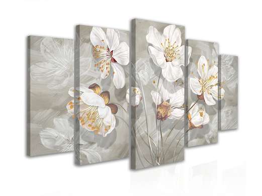 Modular picture, White flowers on a gray background, 108 х 60