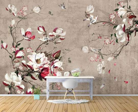 Wall Mural - Twigs with pink flowers on a brown background