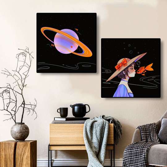 Poster - Planetă și o fată cu un pește, 80 x 80 см, Poster inramat pe sticla