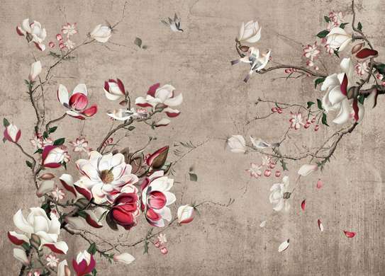 Wall Mural - Twigs with pink flowers on a brown background