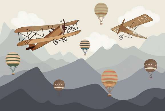Fototapet - Avioanele retro și baloanele cu aer cald pe cer